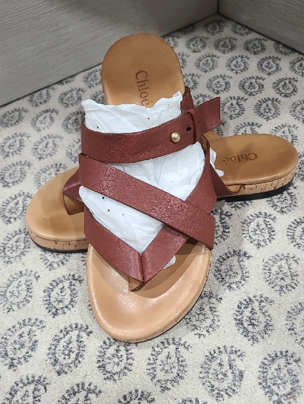 Chloe Brown Leather Crisscross Slide Sandals Size 6.5 US - Picture 3 of 8